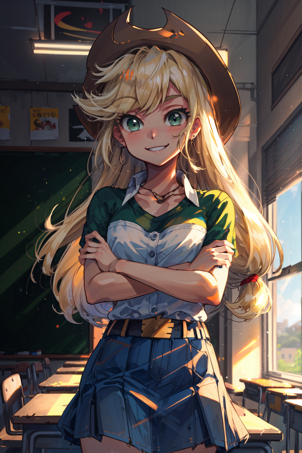00722-3614890386-masterpiece,best quality,1girl,mlpapplejack,blonde hair,green eyes,low-tied long hair,cowboy hat,shirt,short sleeves,denim skirt.png